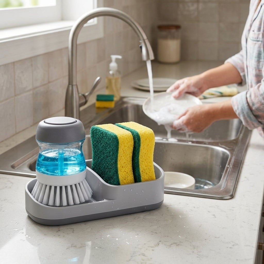 Soap-Dispensing Dish Brush & Sponge Caddy Set — 2a